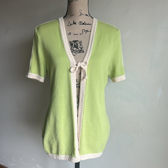 St. John By Marie Grey Tie Front Green Cream Cardigan Sweater Size 8 - Picture 5 of 9